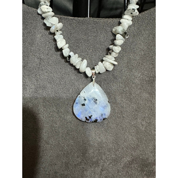 Rainbow Moonstone Chips and Teardrop Pendant Necklace on Black Faux Suede - Picture 9 of 9